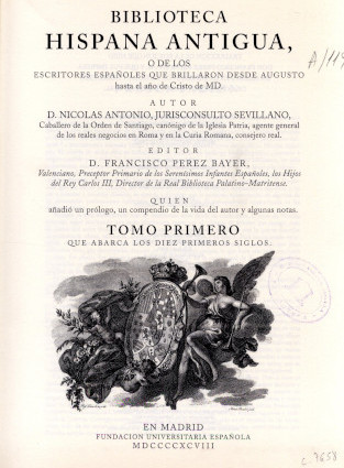 Portada de la versión de 1998, traducción de la ed. de 1788 de "Biblioteca Hispana Antigua"